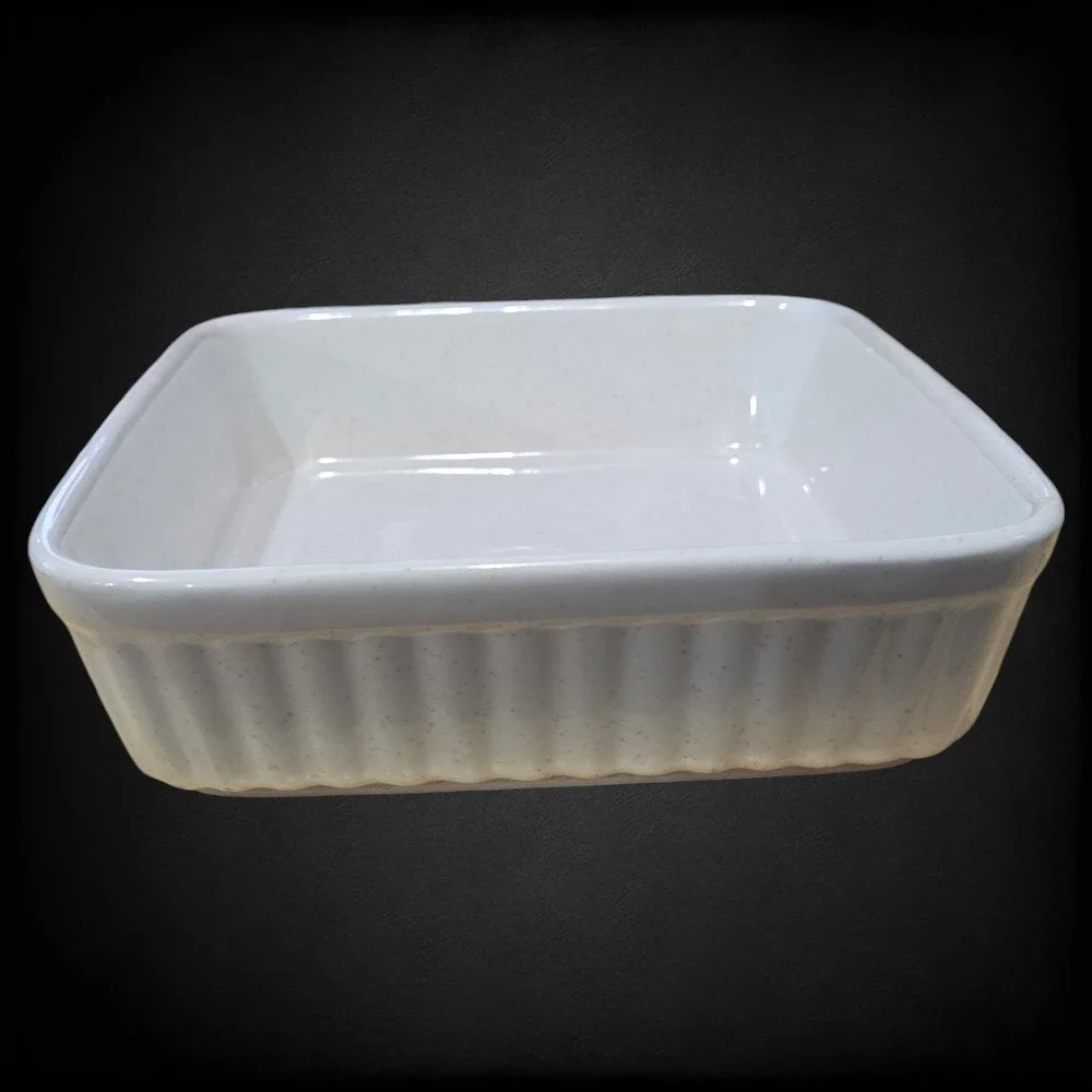 Vintage Stoneware Cream Speckled Japan Ribbed Mini Baking Dish Casserole Pan